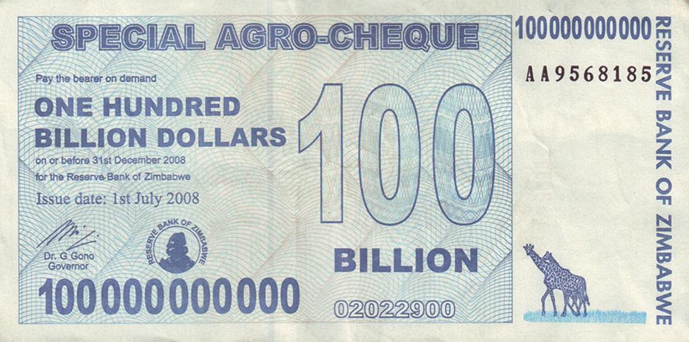 FIGURE 9.1 This bill was worth 100 billion Zimbabwean dollars when issued in 2008. There were even bills issued with a face value of 100 trillion Zimbabwean dollars.