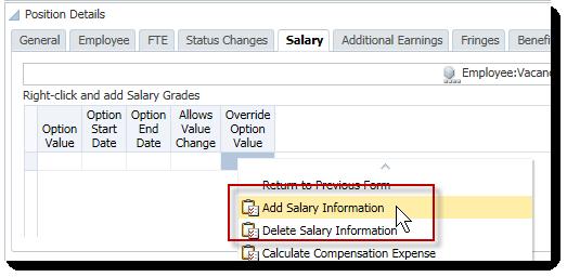 14. Right-click on any cell in the Position Details section and choose Add Salary Information to add a new salary admin plan. 15.