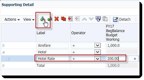9. Click the Add Sibling button to add an additional detail line directly below Hotel Rate. 10.