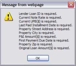 The Create Request screen displays with the Total Number of Loans, Total UPB, and Total Errors fields updated in the Request Detail section of the screen.