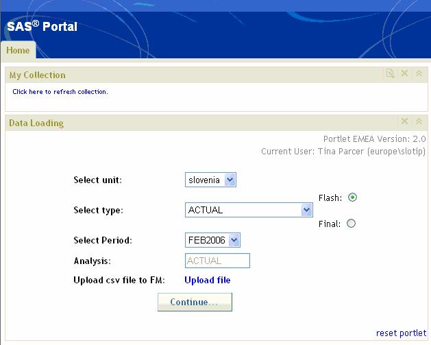 Slika 23: SAS Portal za uvoz podatkov v skupno bazo Vir: SAS Portal Med uvozom podatkov sistem kontrolira ali so vnesene vse opredeljene entitete in atributi.
