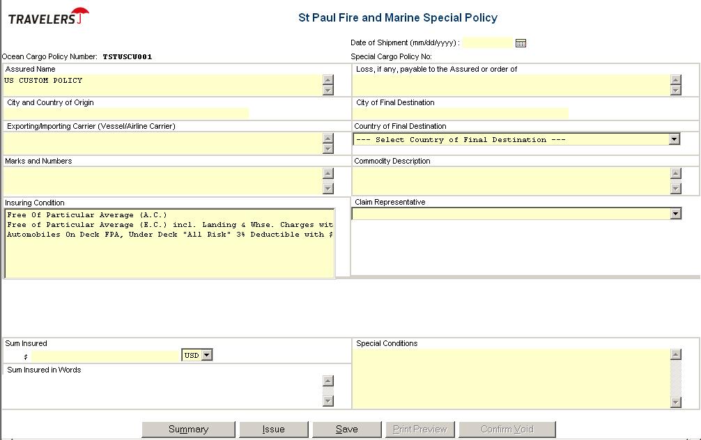 The Special Cargo Policy entry field page displays. Complete fields on this page by tabbing through the form.