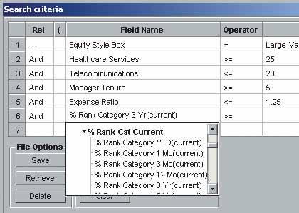 Setting the Screening Criteria Find, sort, and rank investments using and, or commands for up to 20 criteria, including percentile