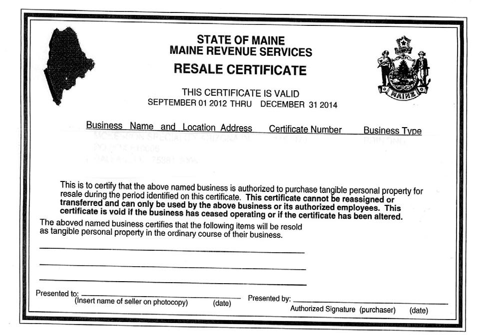 In addition to the Uniform Sales & Use Tax Certificate (see page 3 of this document) we also need a copy of your Maine Resale Certificate on file for Scent-Sations, Inc not collect sales tax on your