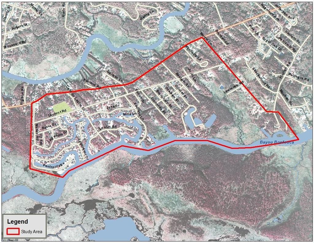 Figure 1: The Bayou Liberty Study Area Bayou Liberty is a suburban neighborhood in St. Tammany Parish, located just west of the city of Slidell.