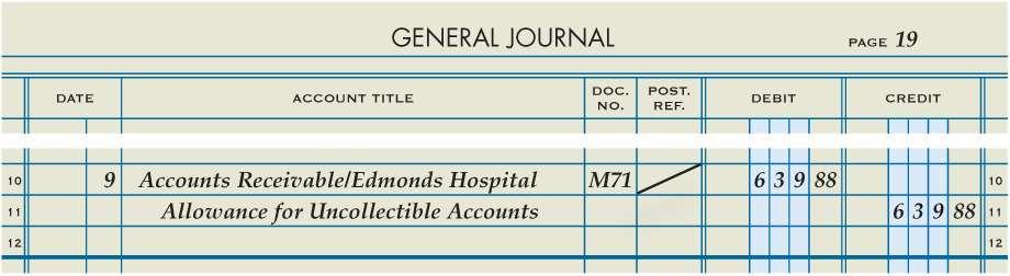 Lesson 14-2 Reopening an Account Previously Written Off LO5 March 9. Received cash in full payment of Edmonds Hospital s account, previously written off as uncollectible, $639.