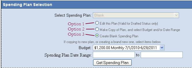 2. Make Copy of Plan, and select Budget and/or Date Range Choose this option if you want to work from a copy of a spending plan that was previously submitted.