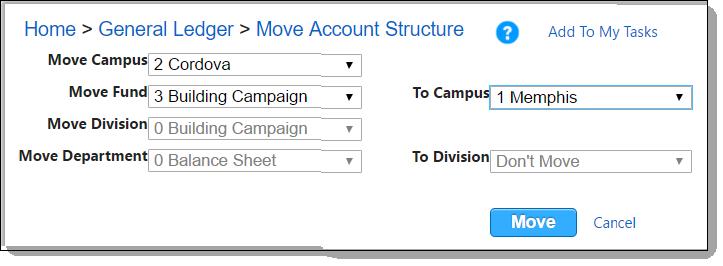 Move Account Structure To move a Fund to another Fund Group or a Department to another Cost Center (or