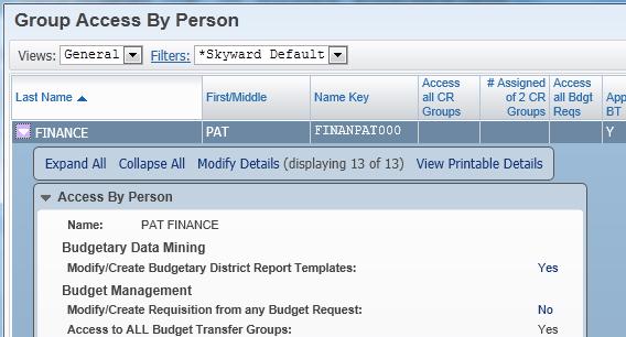 Security for Creating Report Templates If your district wants to allow other users to create report templates, assign an Access Level of 3 to Budgetary Data Mining (Main Screen) and Access Level 3