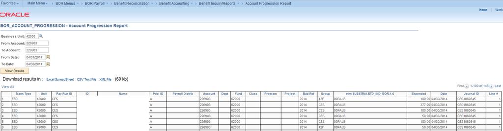 Account Progression Report Overview: The Account Progression Report is an online query that provides detail journal line data for a requested account and date range in a meaningful format, rather
