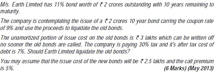 Problem #83 Time to maturity = 10 Years Outstanding Value = 2 Cr Coupon Rate = 11% New Coupon Rate = 9% Unamortized issue cost = 3L Insurance cost of New bonds = 2.