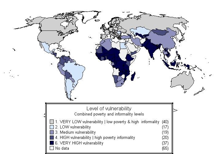Figure 1: Global distribution of vulnerable countries Sources: For informality (non-wage workers as a proportion of total employment as a proxy of informality level): ILO, LABORSTA and KILM, and