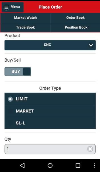 List (CO, MIS, NRML, CNC) Select the Order Type (Market, Limit, SL-L, SL-M) Enter