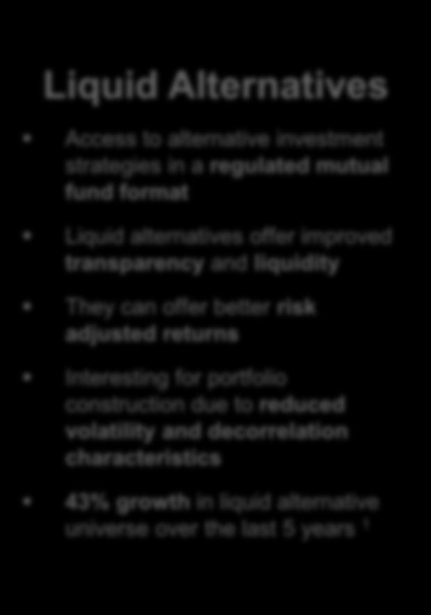 Liquid Alternatives A new tool in the tool kit Liquid Alternatives Access to alternative investment strategies in a regulated mutual fund format Passive Smart Beta Long only active Liquid