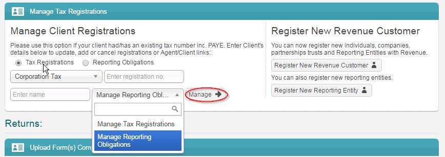 2.2.3 If an Agent wishes to register an existing Tax Registration for a Reporting Obligation, select Tax Registrations radio button, followed by Tax Type (choose existing tax