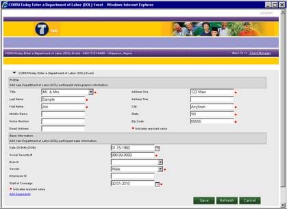 Enter a Department of Labor (DOL) Event After clicking Enter a Department of Labor (DOL) Event, you will come to a DOL Notice entry screen where you may enter your new hires and their dependent