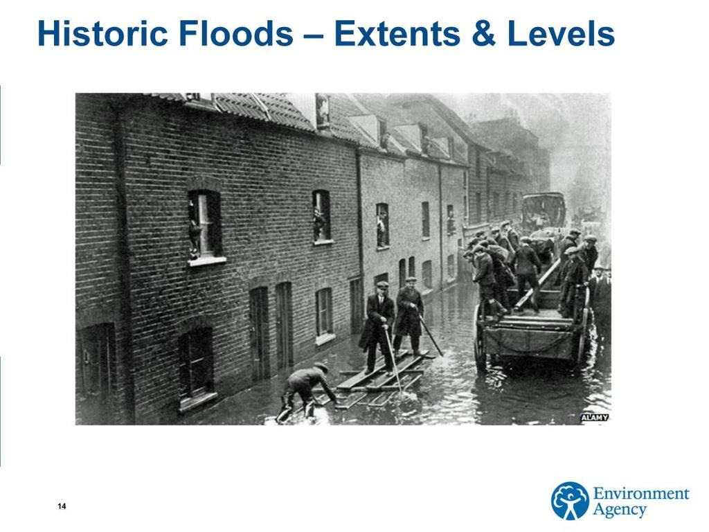 This is the last time the Thames flooded in 1928 We gather a variety of info during a flood Often involving the public afterwards to QA our records We aim to get all new historic info included in our