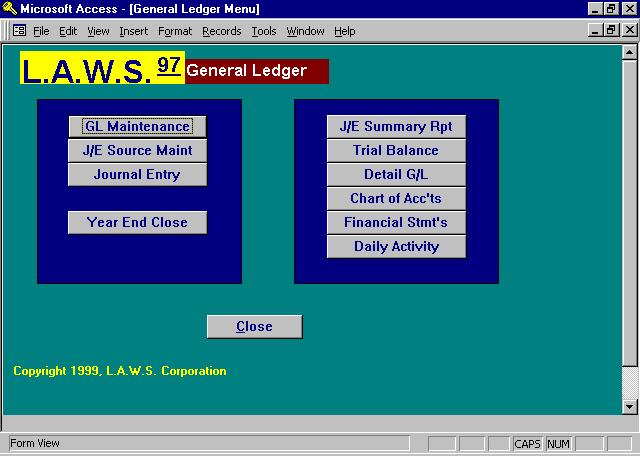 GENERAL LEDGER L.A.W.S. Documentation Manual General Ledger The L.A.W.S. General Ledger module is fully integrated with all other systems within L.A.W.S. Revenue is automatically posted from cash receipts processing.