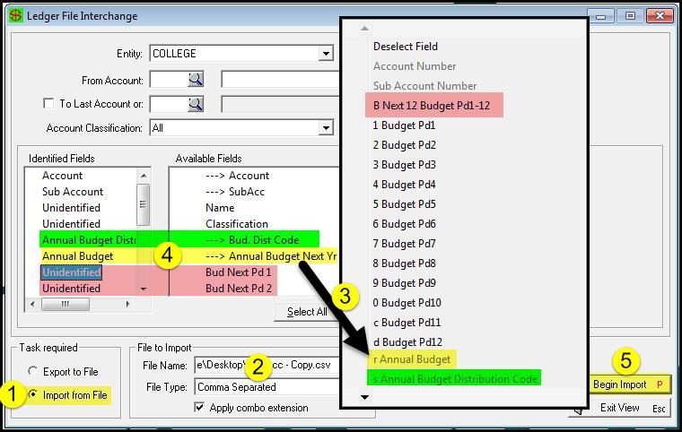 Import the Budget (Current Budget or Year Next Budget) Path: Ledger File Import/Export Import the file back into PCSchool. 1. Select, Import from File. 2. Locate your saved.csv file.