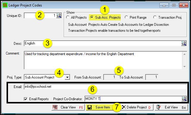Ledger Project Codes Path: System > Ledger Project Codes Project codes can be created to track income and expenditure for a Project or to print a range of Sub Accounts.