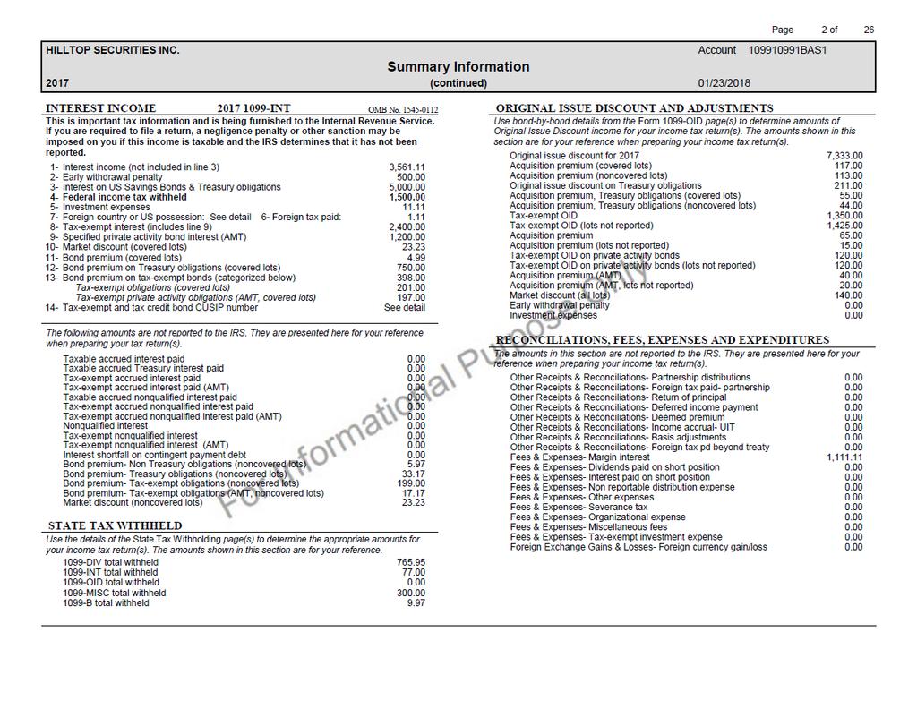 The Second Page of the Composite Tax Statement is the substitute Form 1099-INT (see below). The information in the upper left-hand quadrant is reported to the IRS as it is presented here.