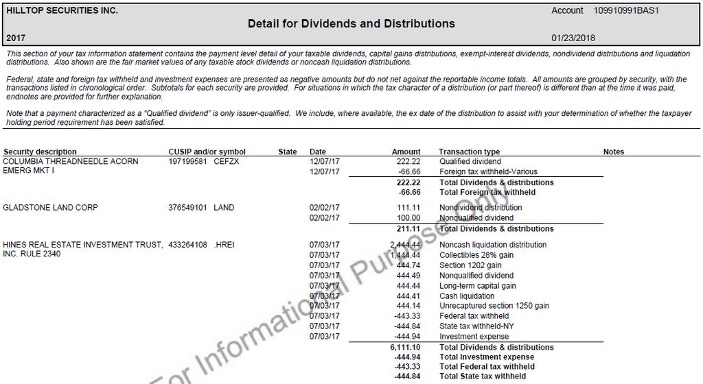 Detail for Dividends and Distributions This 1099-DIV form is supplemented with the Detail for Dividends and Distributions which is presented after the Form 1099-B information.