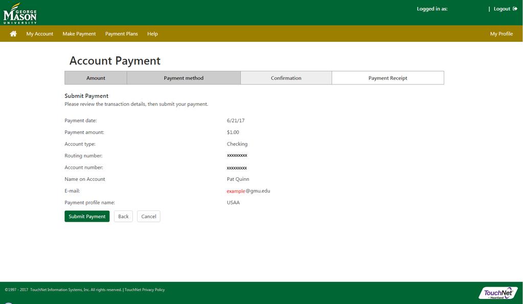 This is a confirmation page for the electronic checking payment.