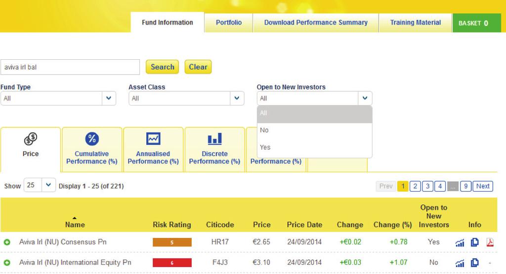 4.5 Filtering via Open to New Investors You can also filter funds based on whether the fund is open to new investors. Simple click on the Open to New Investors dropdown and select Yes or No. 5.