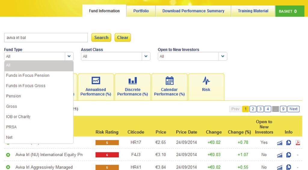 4.3 Filtering via Fund Type You can filter for specific fund types (for example, Gross Funds, Pension Funds, PRSA funds)