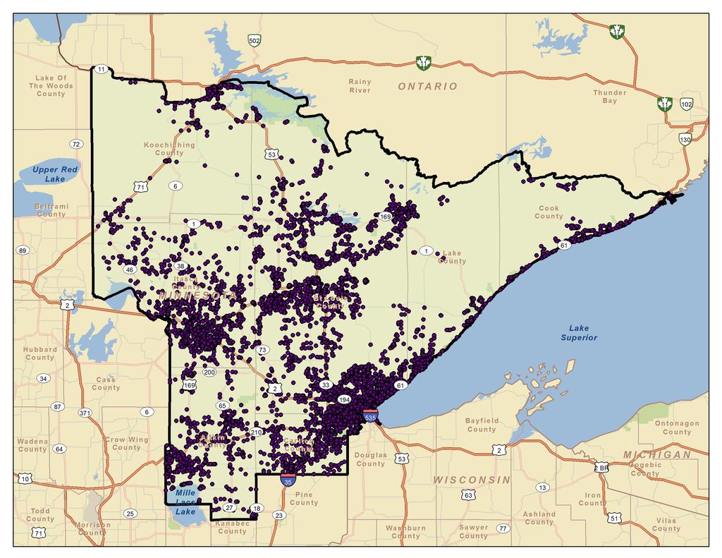 Business Filings The highlighted area in the map below is the seven-county Northeast Minnesota planning area, consisting of the following counties: Aitkin, Carlton, Cook, Itasca, Koochiching, Lake