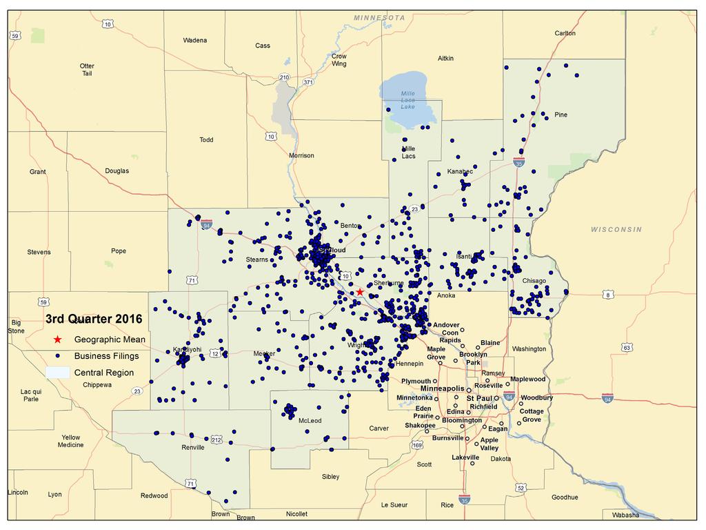Business Filings The first map shown below is a visual representation of new business filings around the Central Minnesota planning area in the third quarter of.