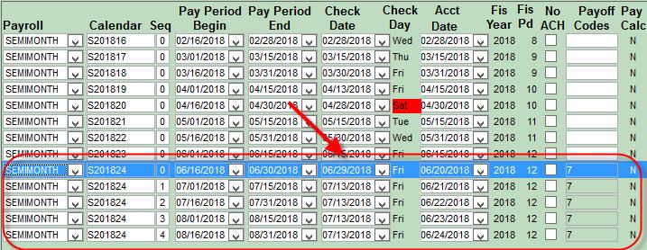 Example of the calendar setup for a Split Lump Sum Payout (codes 7, 8, 9): Note that the first sequence has a different check date than the rest of the sequences.