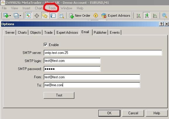 EMAIL alert setup: Setup your metatrader4 to send email: Email alert must be activated in the Forex Enigma INPUTS.