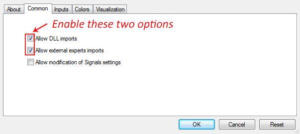 Step 5: Once you attach Forex Enigma, make sure to enable the two options as shown below and only then click OK.