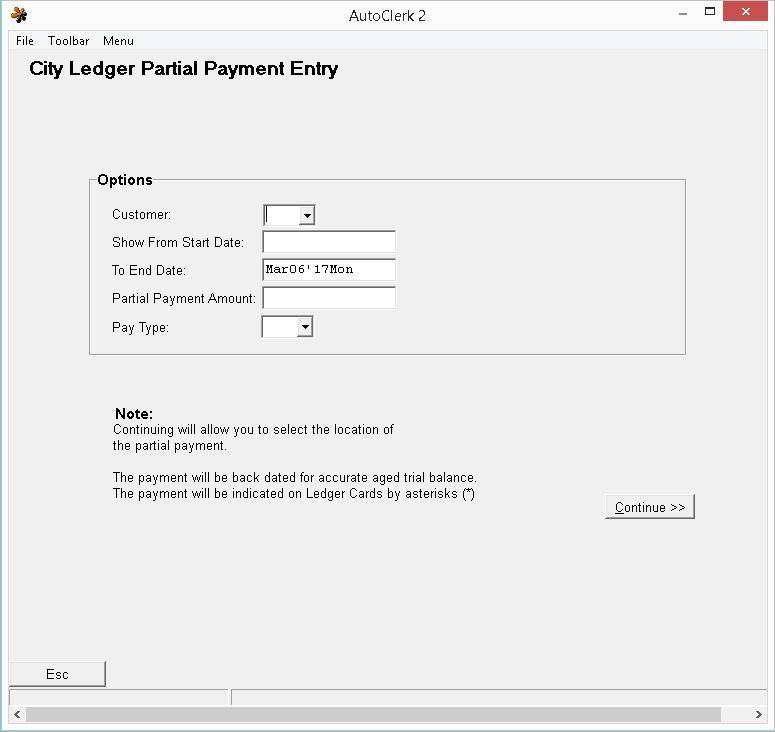 Figure 19: Partial Payment 3. In the Customer field, enter the customer number or account number or click on the menu.the Select CL Customer box opens. Single click to highlight the desired customer.