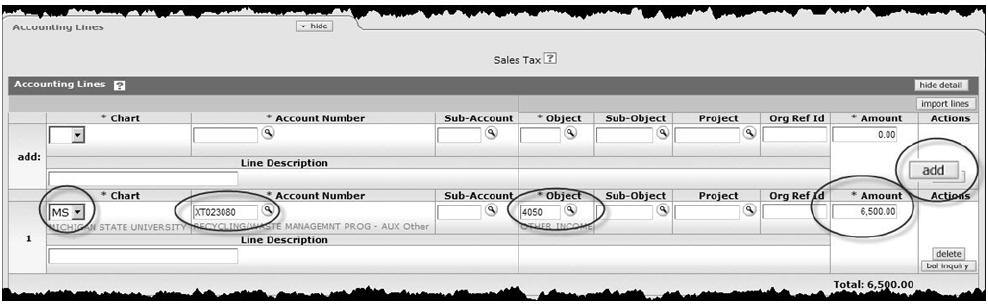 The fifth tab is the Accounting Line tab. (The fourth tab is not utilized.
