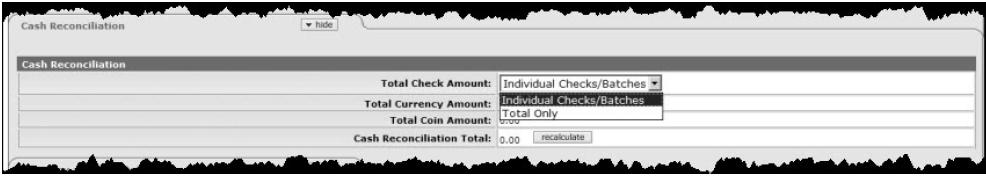 The second tab is the Cash Reconciliation tab. This tab is used to record the total amount of funds received in the form of cash and checks.