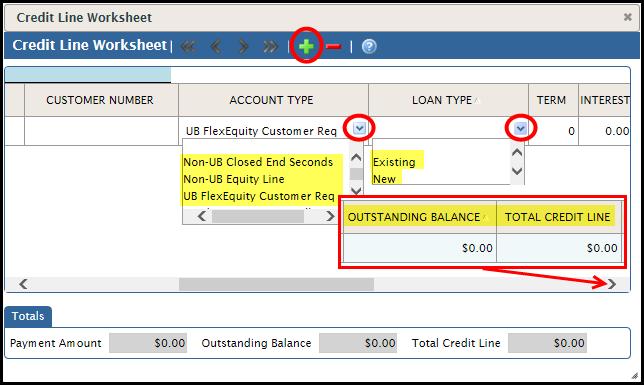 1. Click on Loan Information Sub Tab from within the Pricing Summary 2. Click the Credit Line Worksheet Icon and click the Green to add a worksheet 3.