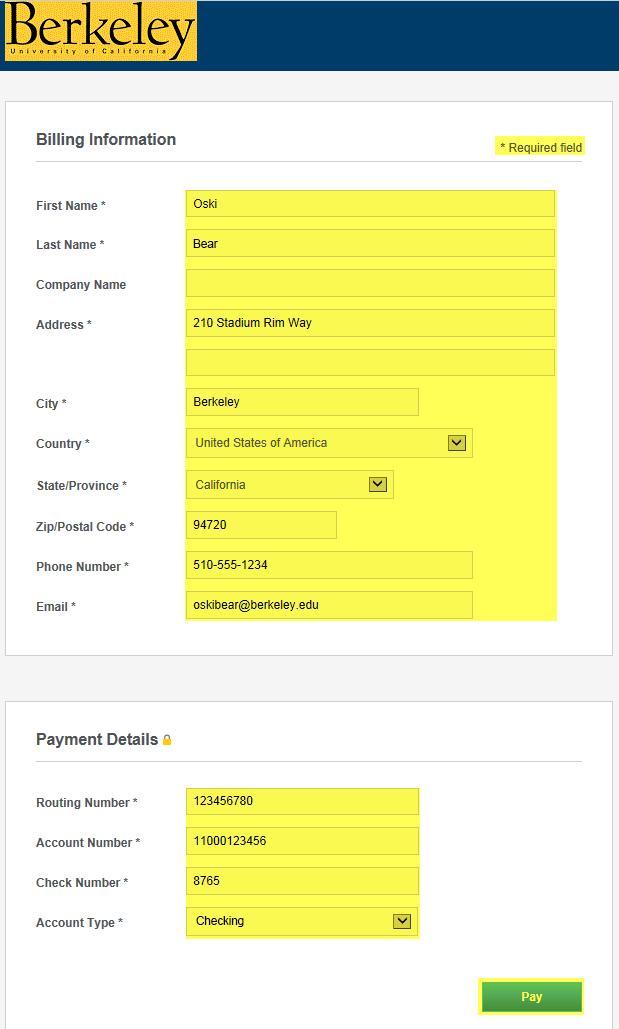 5) In the Payment Details section, enter your Routing Number, Account Number, Check Number and Account Type.