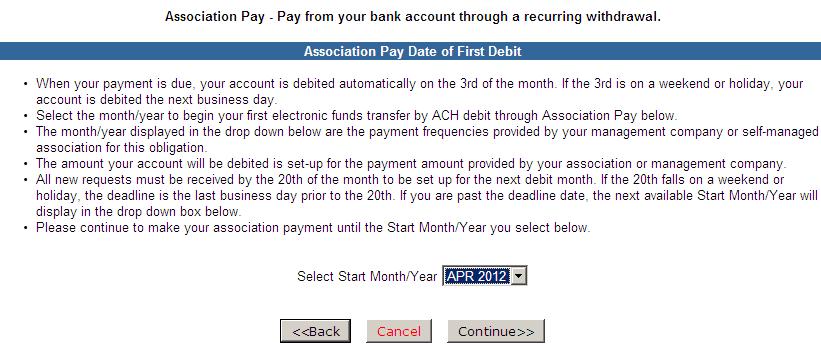 Association Pay Account Information Page.