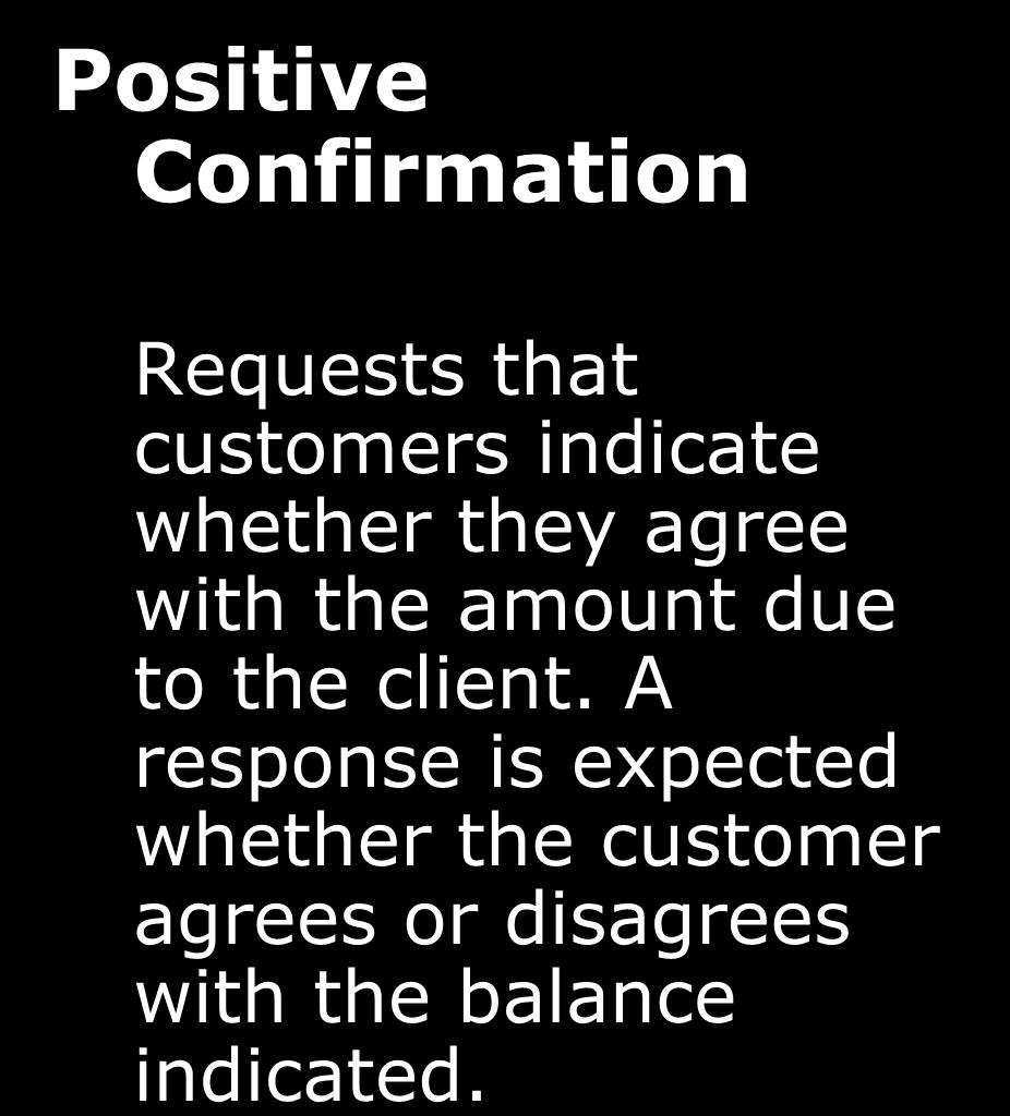 LO# 13 Types of Confirmations Positive Confirmation Requests that customers indicate whether they agree with the