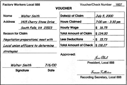An example of a voucher is shown below: The following check is payable to Walter Smith, who has submitted the voucher shown above, for payment of lost time.