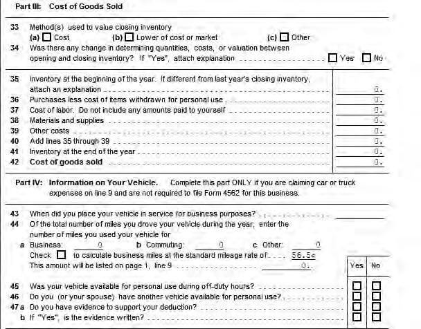 Schedule C Business Income, Page 2 Cost of Goods Sold out-of-scope. Complete this section if taxpayer is claiming standard mileage for car or truck expenses.