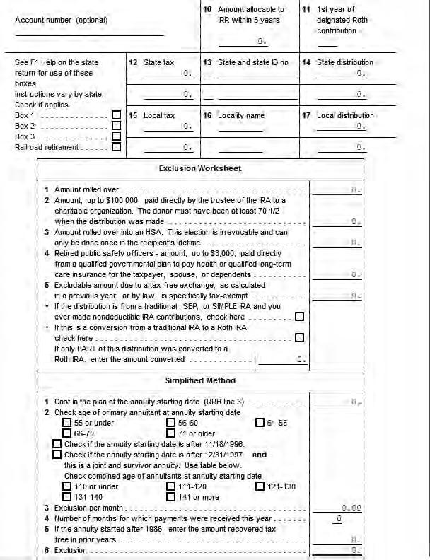 1099-R Exclusion Worksheet (lower section of 1099-R screen) Taxpayer should have documentation of the amount that should have been recovered in previous years even if it was not claimed or you can