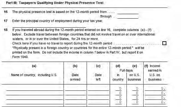 Form 2555, Foreign Earned Income, Part II and III