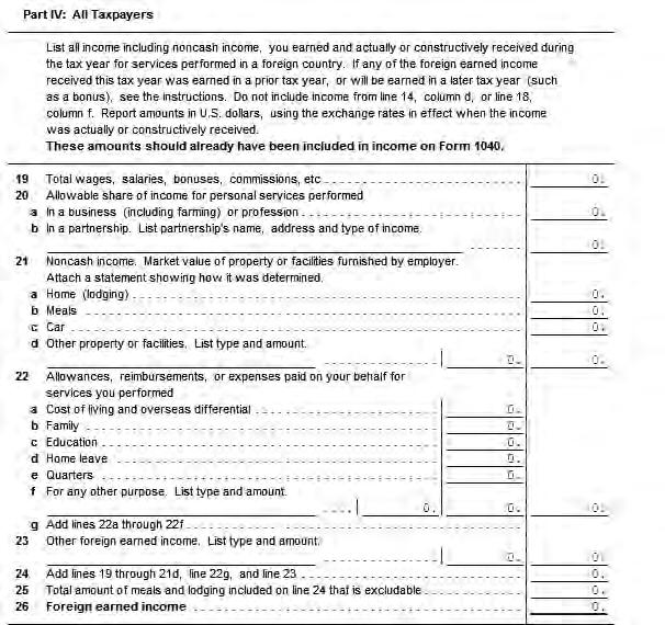 Form 2555, Foreign Earned Income, Part IV (continued) Any income entered on this page should first be entered in the appropriate section of Form 1040.