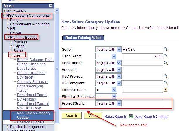 To facilitate locating these expanded categories by Project ID, the Non-Salary Category Update page has been modified to include the Project/Grant as a searchable field. (See the screenshot below.