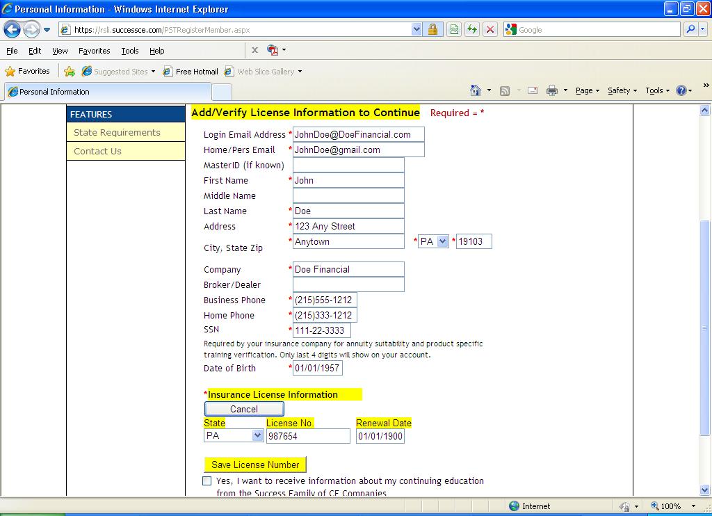 Product Specific Training User s Guide Step 4: Once you click the Save button, a section where Licensing information