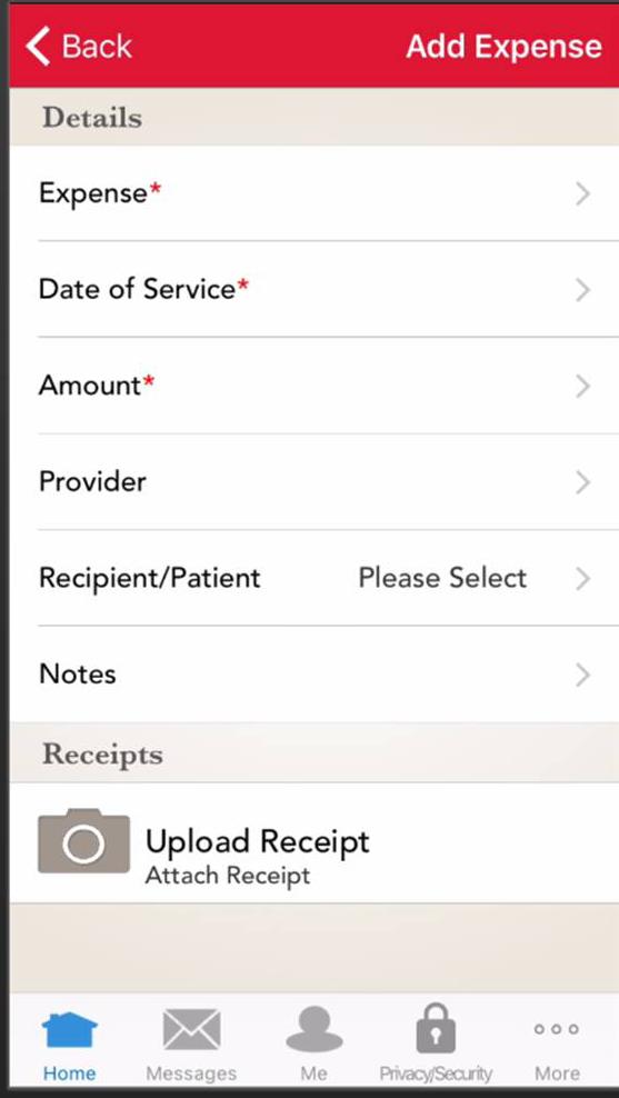 From the home screen, select Expenses 2. Create New Expense 3. Enter the expense, date of service and amount 4. Select Upload Receipt to take a picture of your receipt 5.