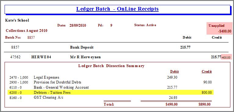 Ledger Batch Report: Take note of the amount posted to the Debtor Clearing account (eg. 6200) in the Dissection Summary box at the end of the batch.